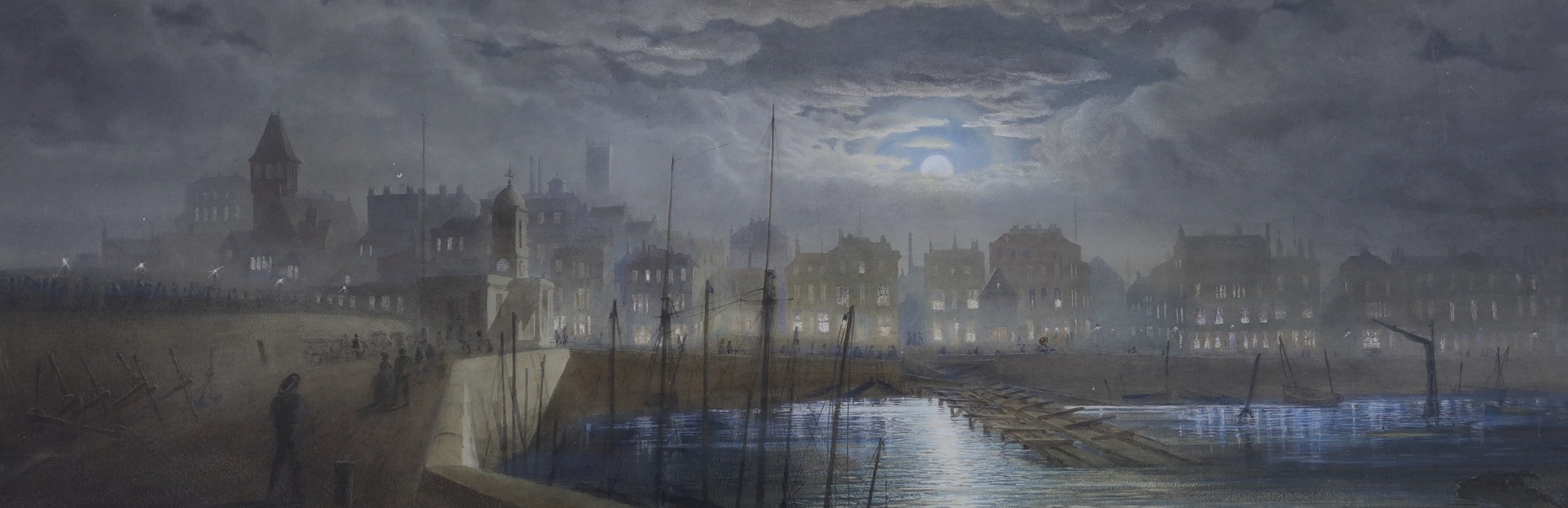 Elizabeth Arkwright, 19th century, gouache, Scarborough, A night time scene, provenance and gallery label verso, 26 x 79cm